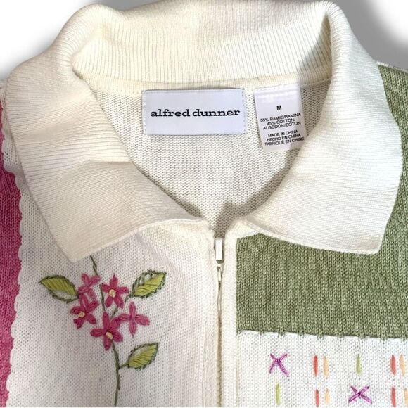 Vintage 90s Embroidered Cardigan Oatmeal Patchwork Light Pink Floral Knit Zipper - Picture 8 of 12